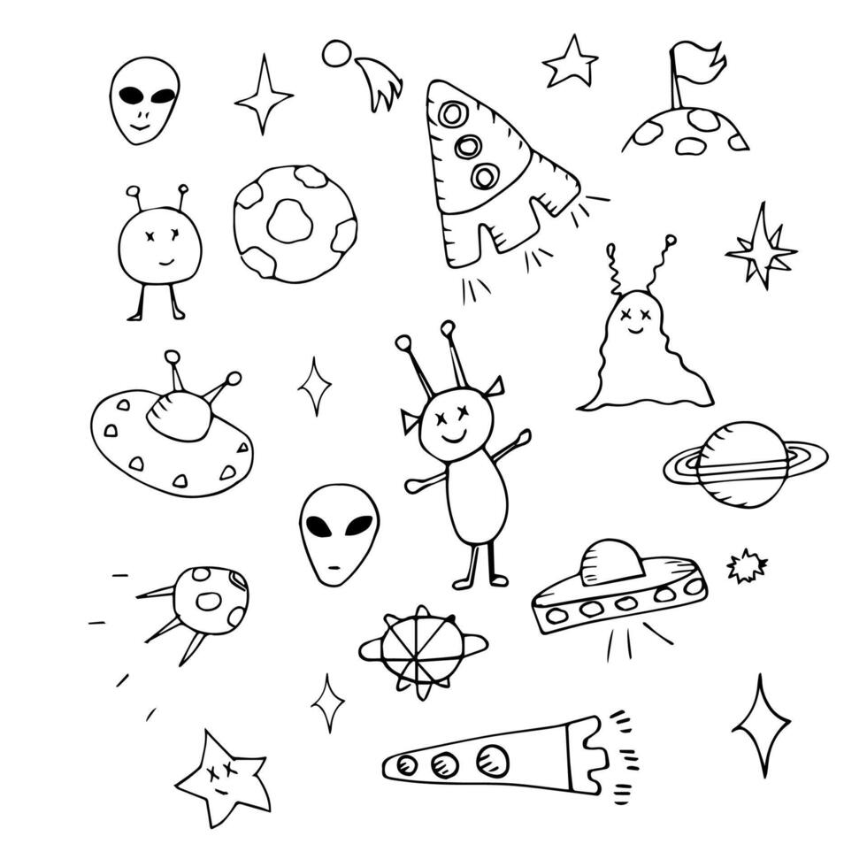 Hand-drawn space-themed doodle set. Aliens, spaceships, flying saucers. vector