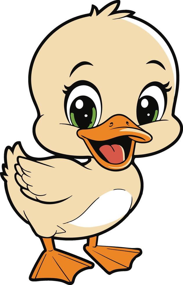 yellow happy baby duck cartoon illustration look at camera vector
