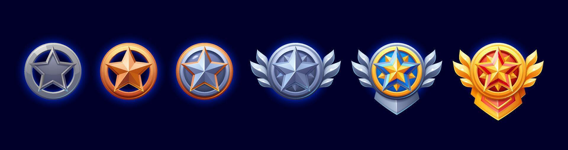 Rating star level medal, game rank cartoon badges vector