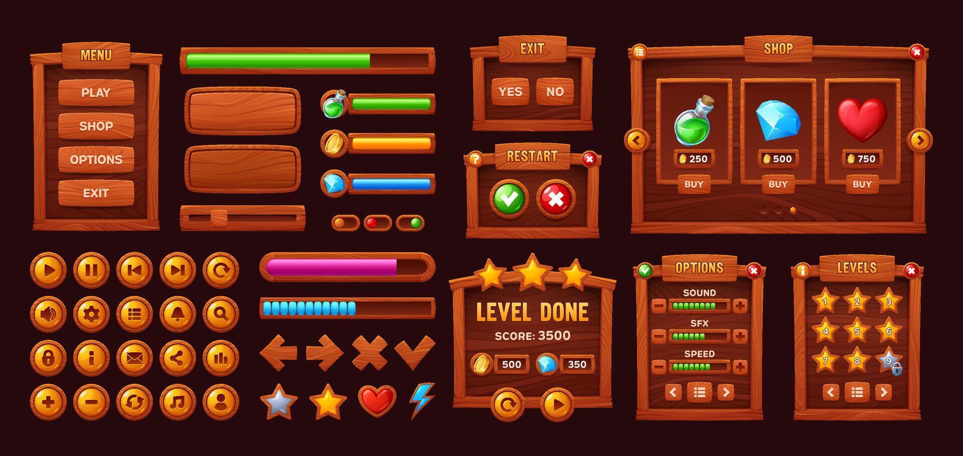 Wooden game interface buttons, bars or menu panels vector