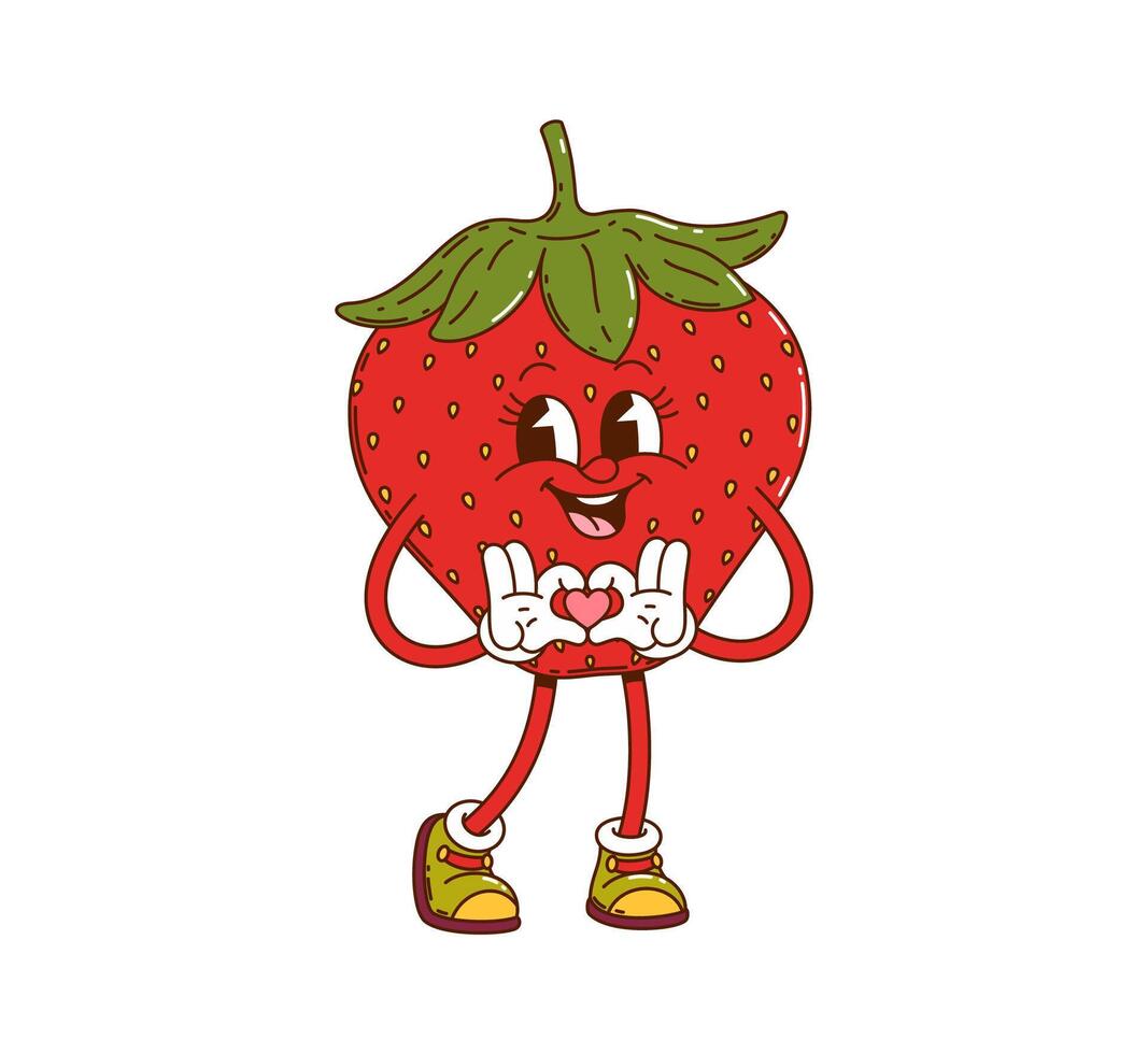 Cartoon groovy strawberry happy girl character vector