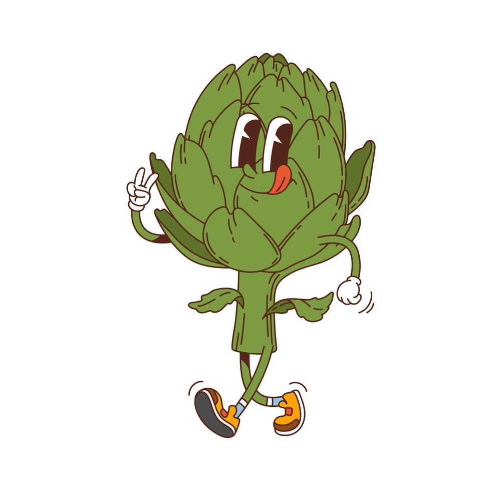 Cartoon groovy artichoke vegetable character vector