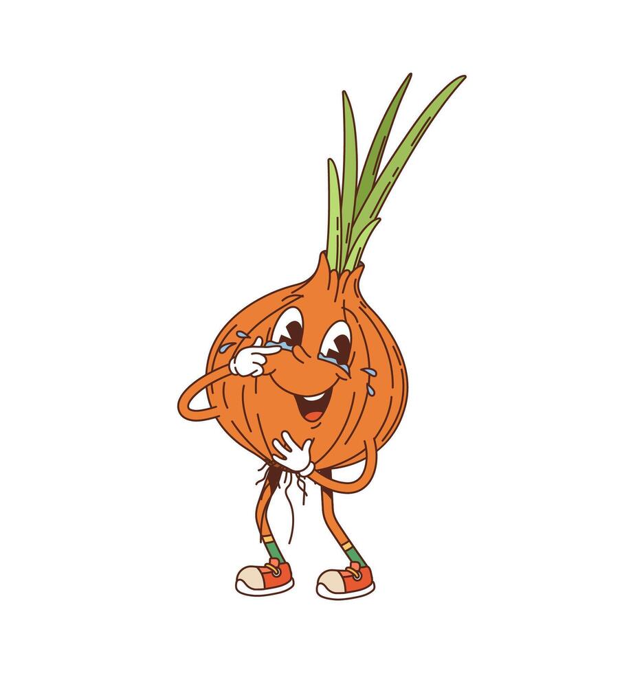 Cartoon groovy onion vegetable character crying vector