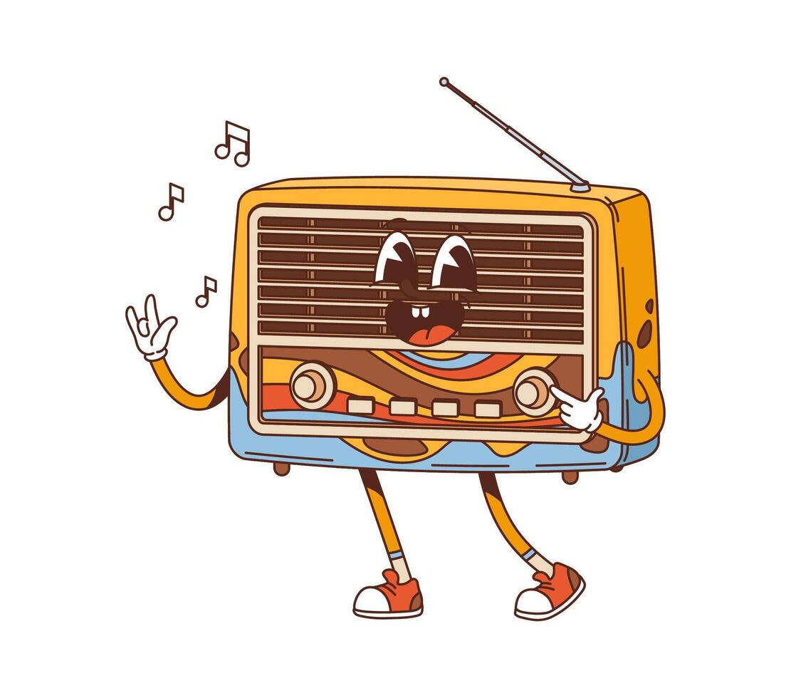 Cartoon retro groovy radio receiver y2k character vector