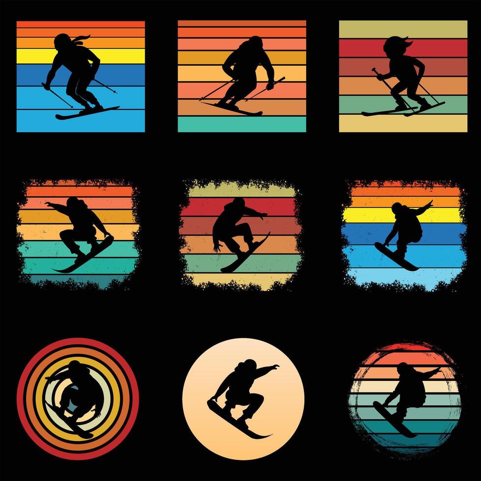 Skiing Sport Silhouette Set Against a Retro Sunset Glow Bundle vector