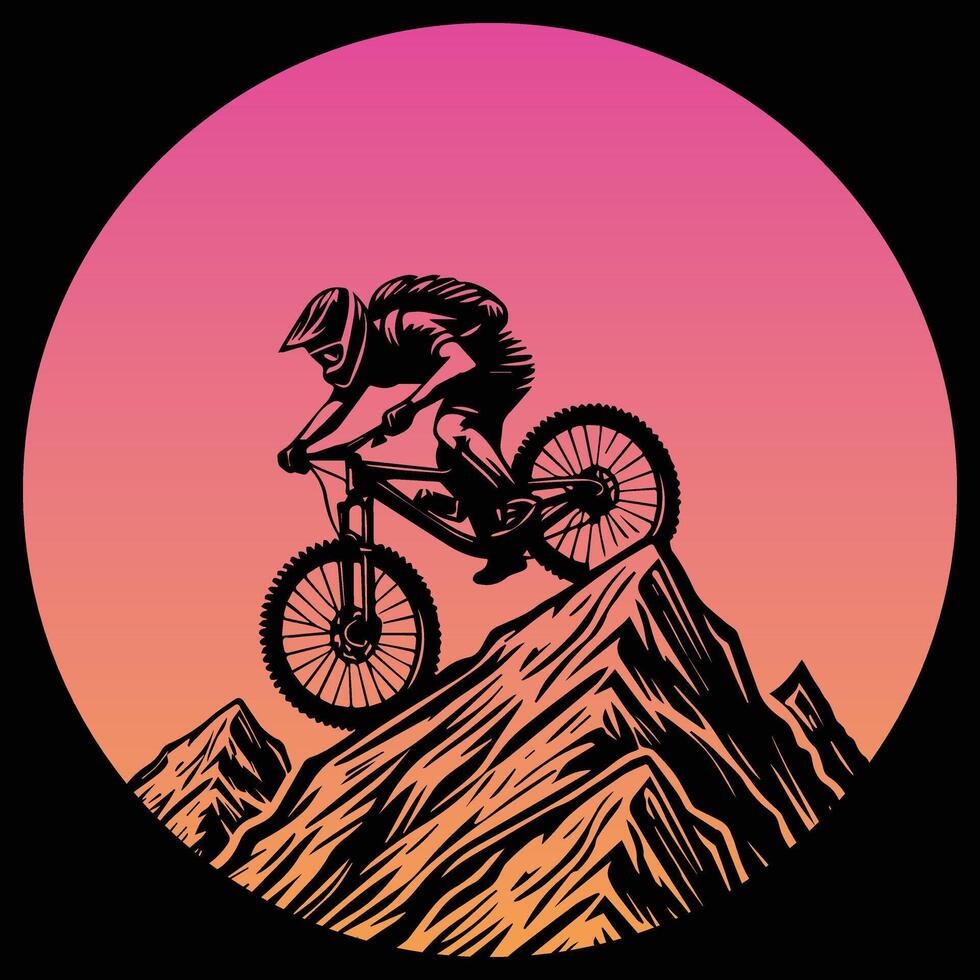 Mountain Biker Silhouette with Warm Retro Sunset vector
