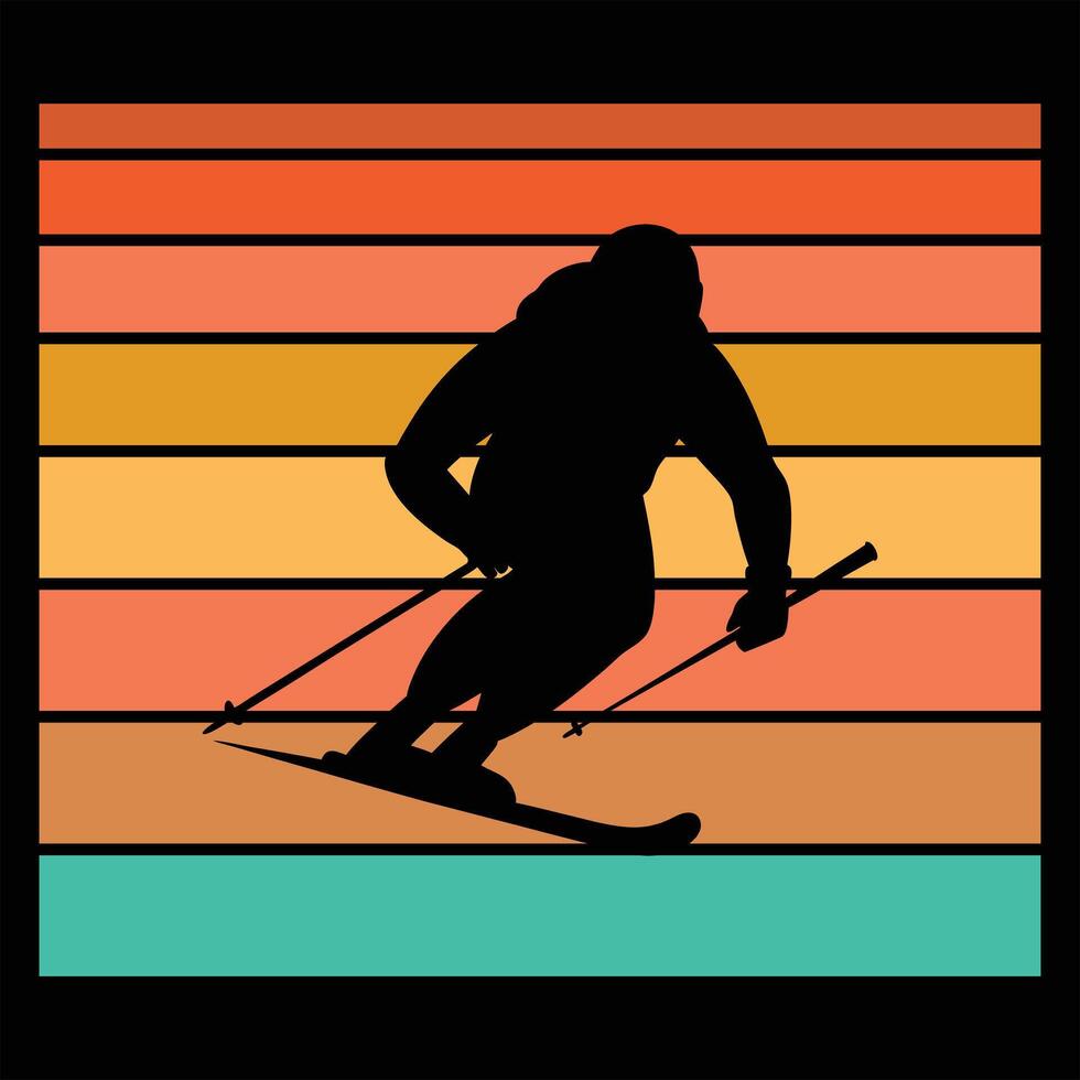 Sunset Retro Illustration with Skiing Sport Silhouette Design vector