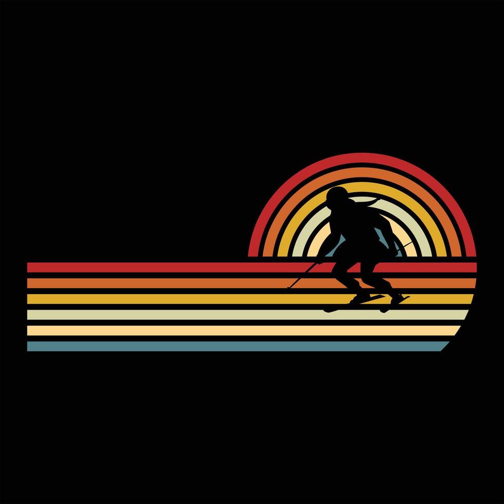 Skiing Silhouette Against a Sunset Retro Background vector