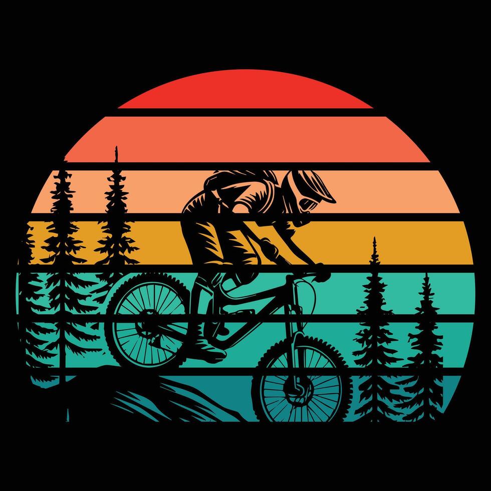 Retro Bicyclist Illustration with Sunset Background vector