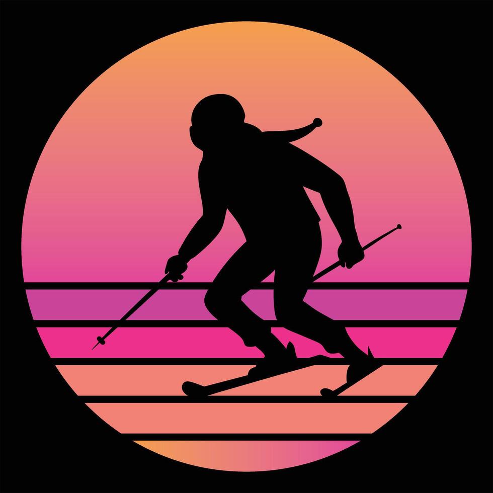 Skiing Sport Silhouette with Bold Sunset Retro Colors vector