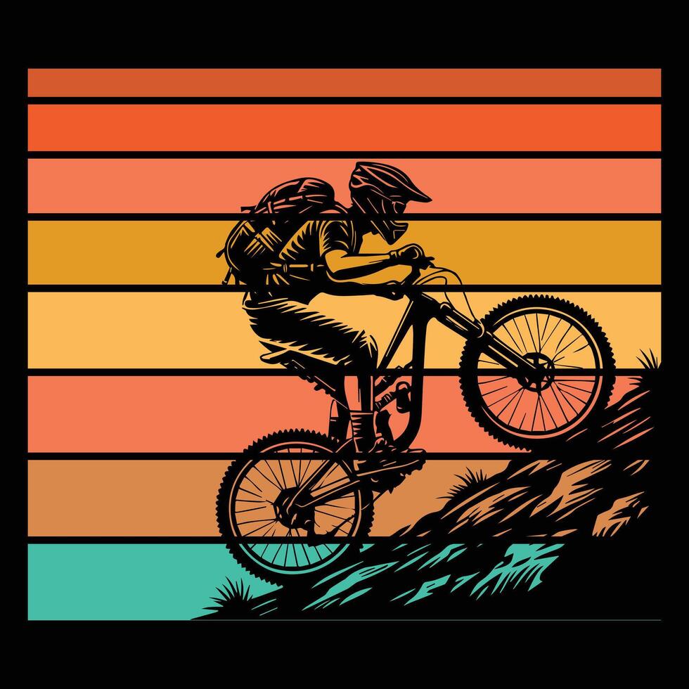 Sunset Bicyclist Silhouette in Retro Style vector