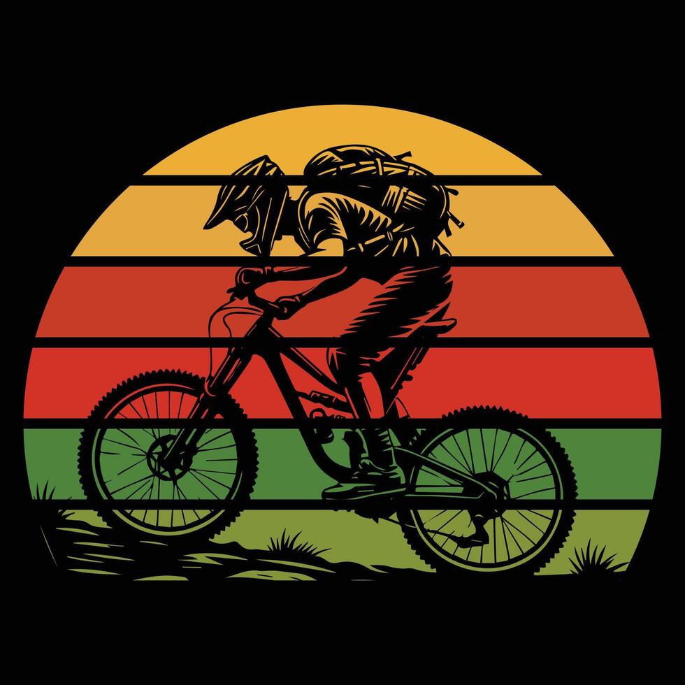 Retro Mountain Biker Scene with Sunset Background vector