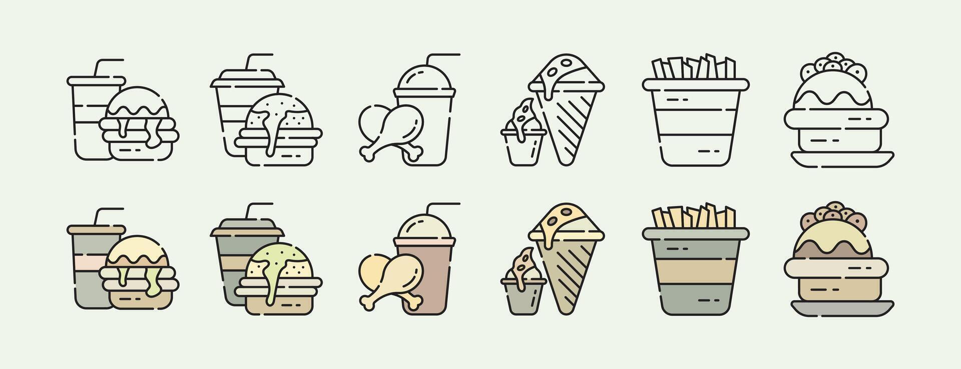 Delicious Fast Food, Snack and Drinks Icon Set with Outline and Lineal variations vector