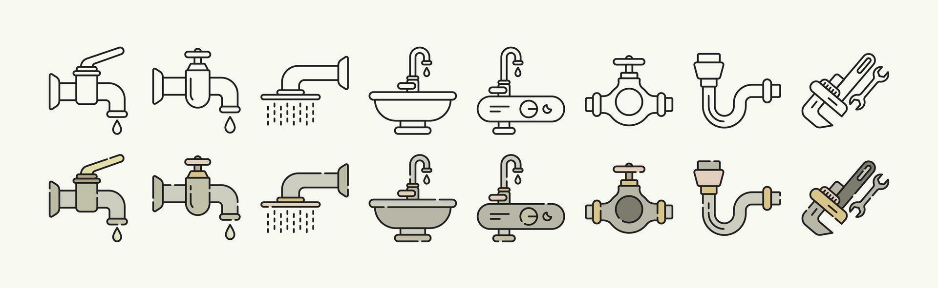 Plumbing and Sanitary Equipments and Tools Icon Set with Outline and Lineal variations vector