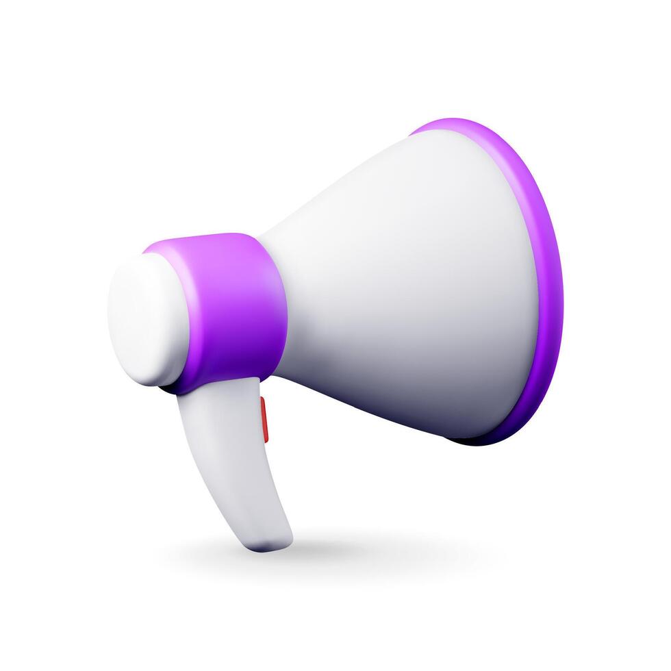 3D megaphone isolated on white background. Render plastic megaphone realistic. Modern bullhorn or loudspeaker. vector