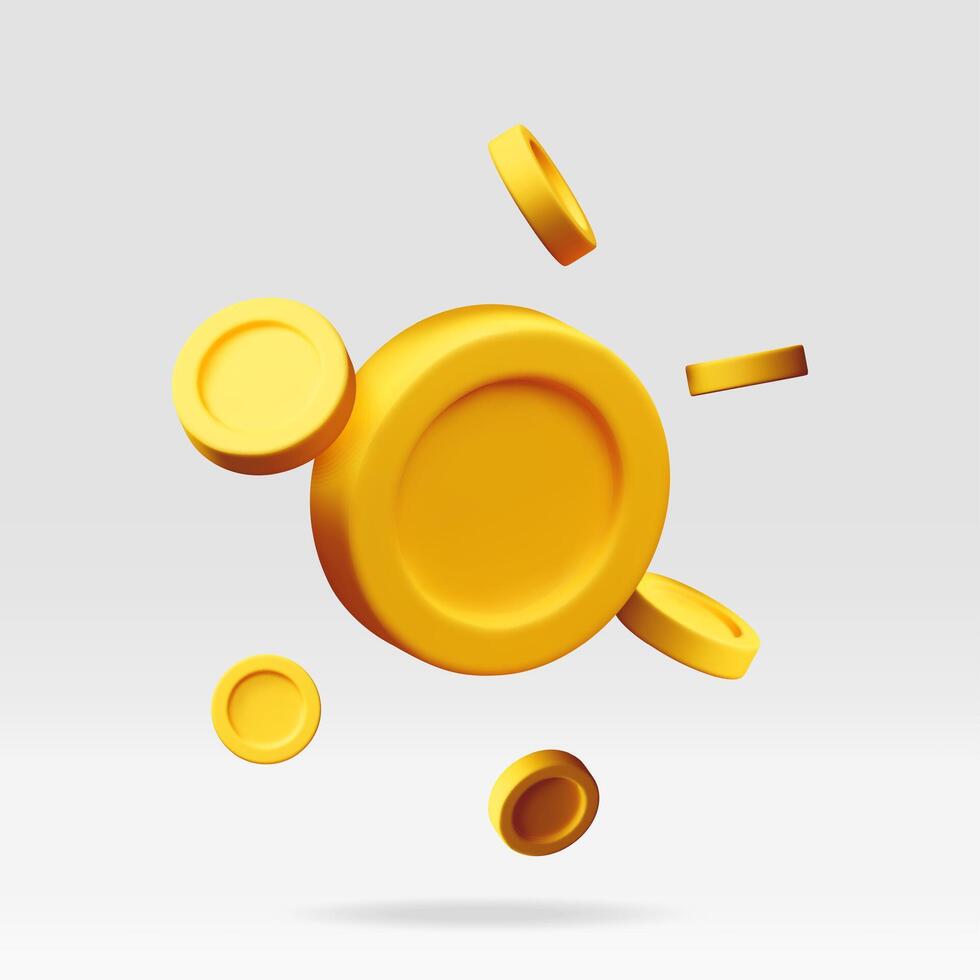 3d falling gold coins, money rain. Render golden coins. Rotating empty golden money sign. Growth, income, savings, investment, wealth vector