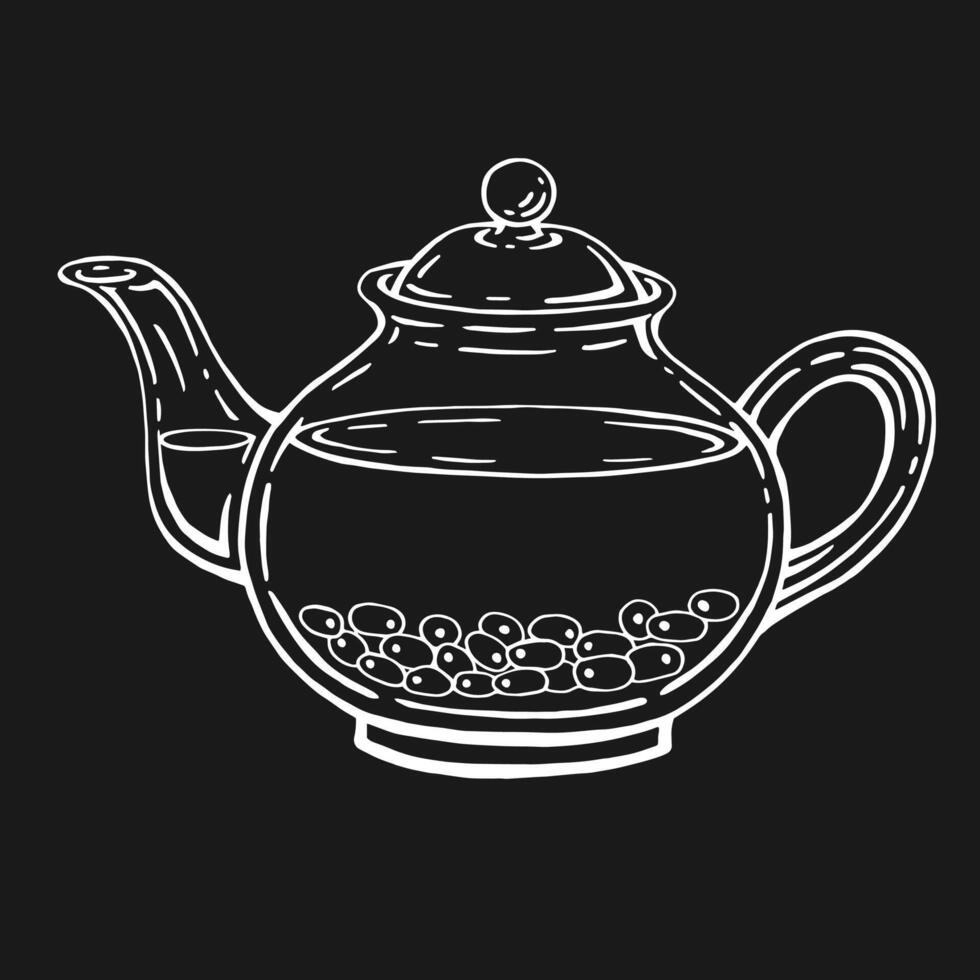 Teapot, sea buckthorn tea. Hand drawn illustration in outline style. vector