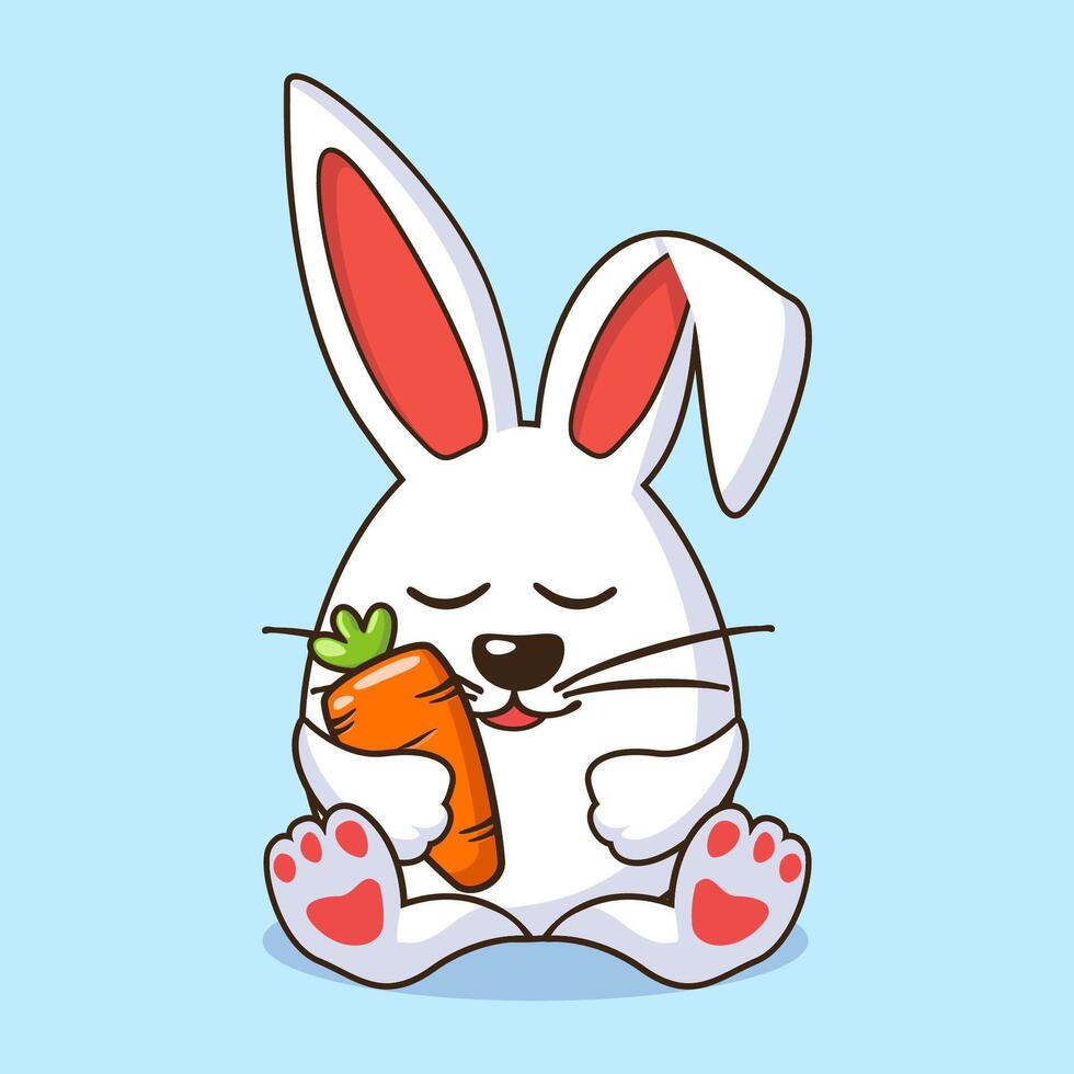 Cute Rabbit Holding Carrot. Animal Icon. Flat Cartoon Style. Easter Bunny in egg shape. Cartoon Design for greeting card, stickers or calendar vector