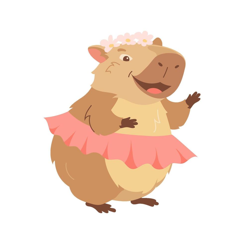 Cartoon pretty capybara in skirt and wreath on her head. Design element of funny animal, cute biggest rodent. Flat children's design illustration for print, greeting card, packaging, fabrics vector