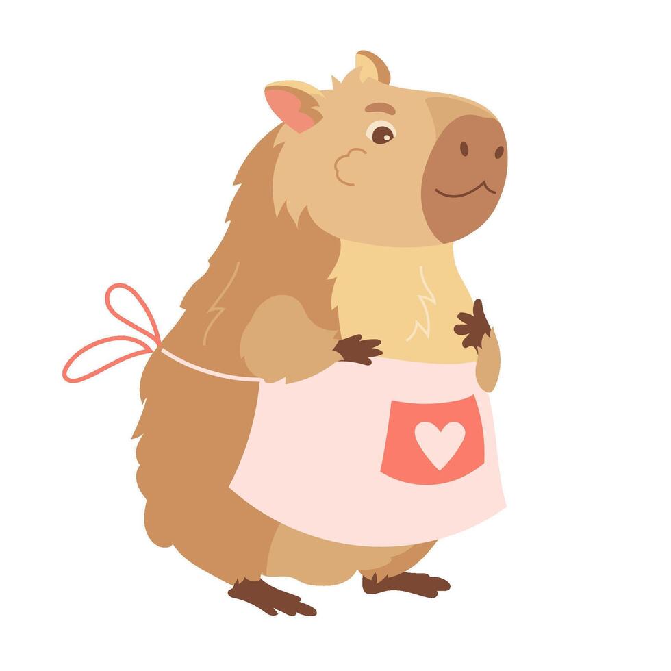 Cartoon pretty mother capybara in an apron. Design element of funny animal, cute biggest rodent. Flat children's design illustration for print, greeting card, packaging, fabrics vector