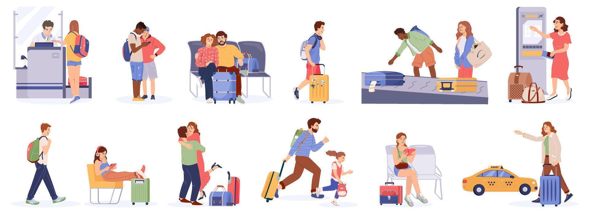 Set of people hurrying with suitcases navigating busy airports, stations Group of tourists with luggage arrival, departure Couple people with baggage traveling vacation Flat traveler characters vector