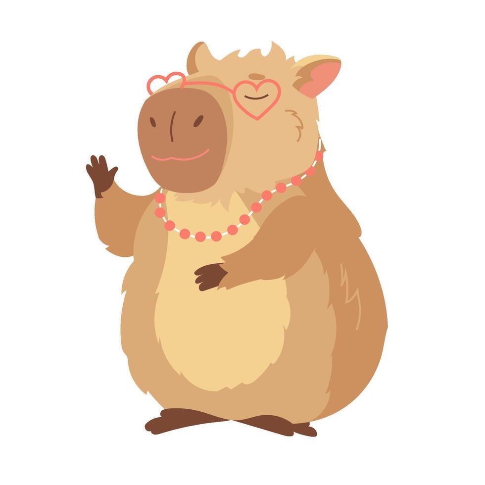 Cartoon pretty capybara in pink heart-shaped glasses. Design element of funny animal, cute biggest rodent. Flat children's design illustration for print, greeting card, packaging, fabrics vector
