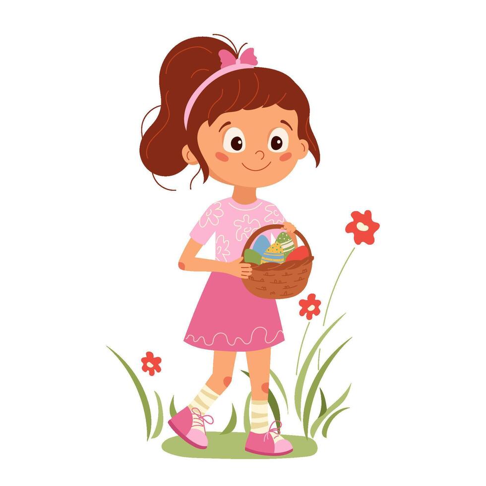 Cute little girl with basket of easter eggs. Joyful hunting for Easter eggs during holiday festivities. Ideal illustration, character design for typography, greeting cards, flyers, invitations vector