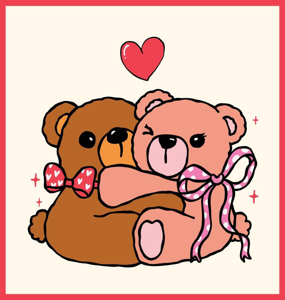Retro Valentine Hugging teddy bears Nostalgic Illustration Wavy Hand Drawn Vibrant and Bold Style vector