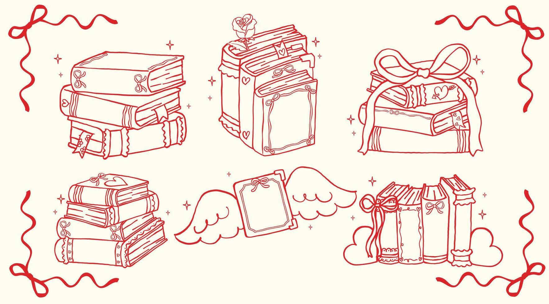 Retro Valentine Bookish Love Book stack Outline Set with Wavy Squiggle Hand Drawn vector
