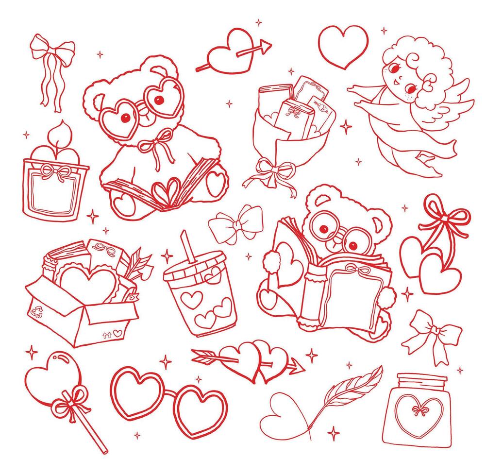 Retro Valentine Bookish Teddy Read Book with Wavy Squiggle Outline in Hand Drawn Style vector
