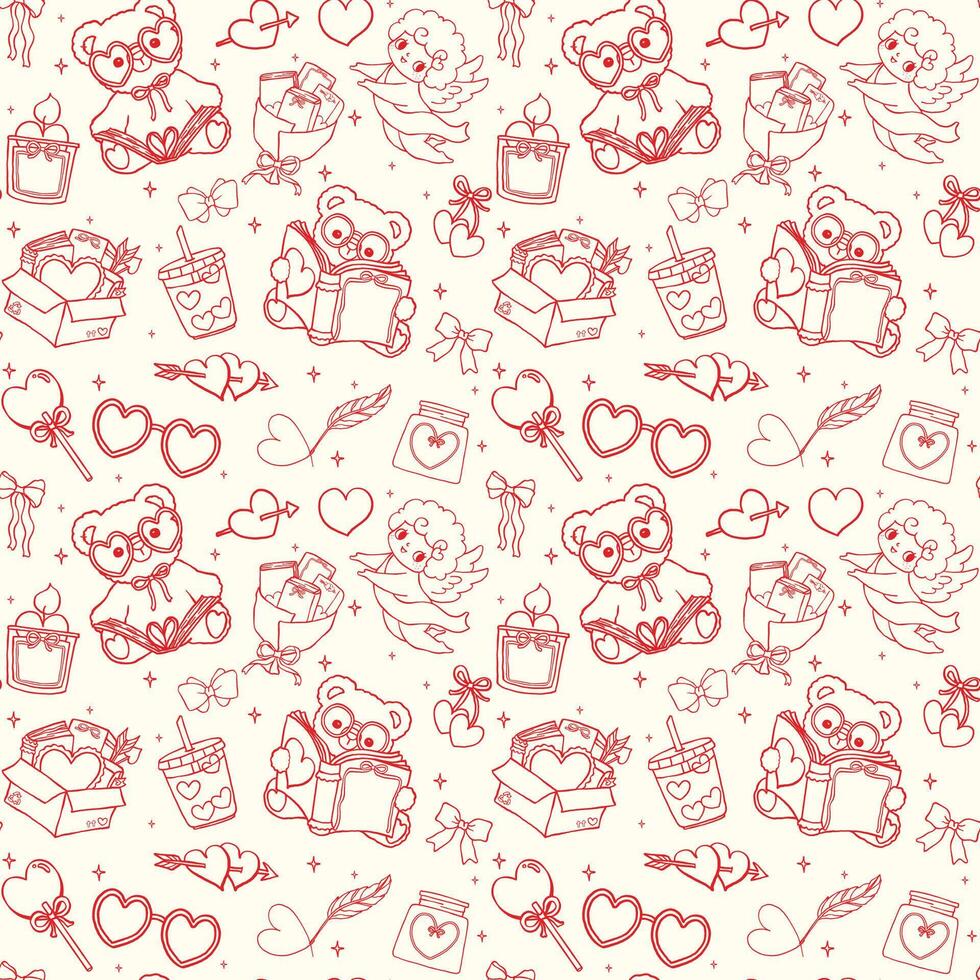 Retro Valentine Bookish Seamless Pattern Wavy Squiggle Outline Hand Drawn Isolated on Background. vector