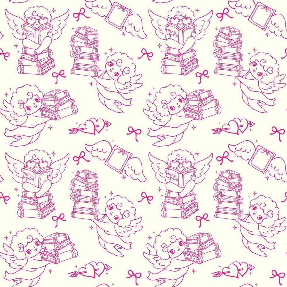 Retro Valentine Bookish Cupid Seamless Pattern Wavy Squiggle Outline Hand Drawn Isolated on Background. vector