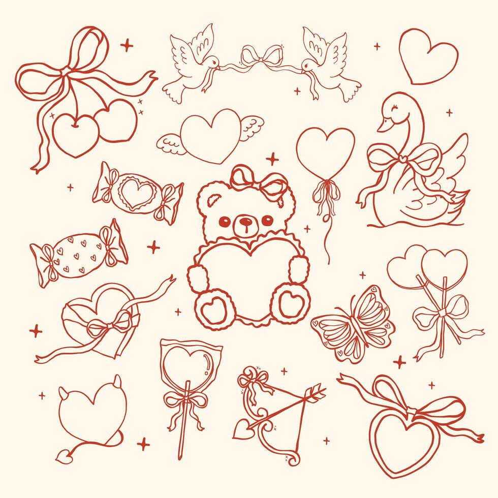 Retro Valentine Nostalgic Element Outline Illustration set Wavy Hand Drawn Vibrant and Bold Style vector