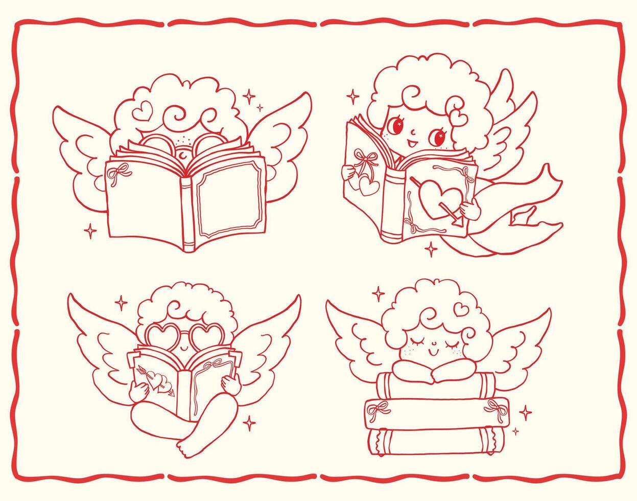 Retro Valentine Bookish Cupid Reading Book Set with Wavy Squiggle Outline in a Whimsical Hand Drawn Cartoon Style vector