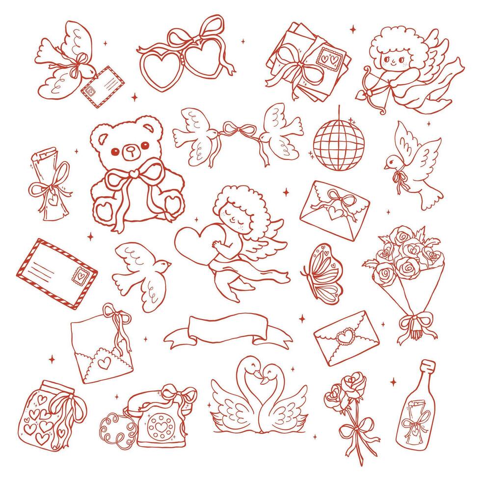 Retro Valentine Nostalgic Element Outline set Illustration in a Wavy Hand Drawn Style Bold and Playful vector