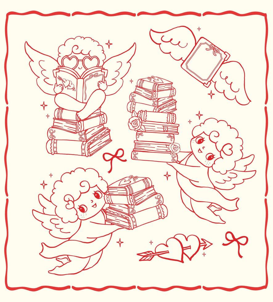 Whimsical Retro Valentine Bookish Cupid Reading Book Outline Set with Wavy Squiggle Hand Drawn vector