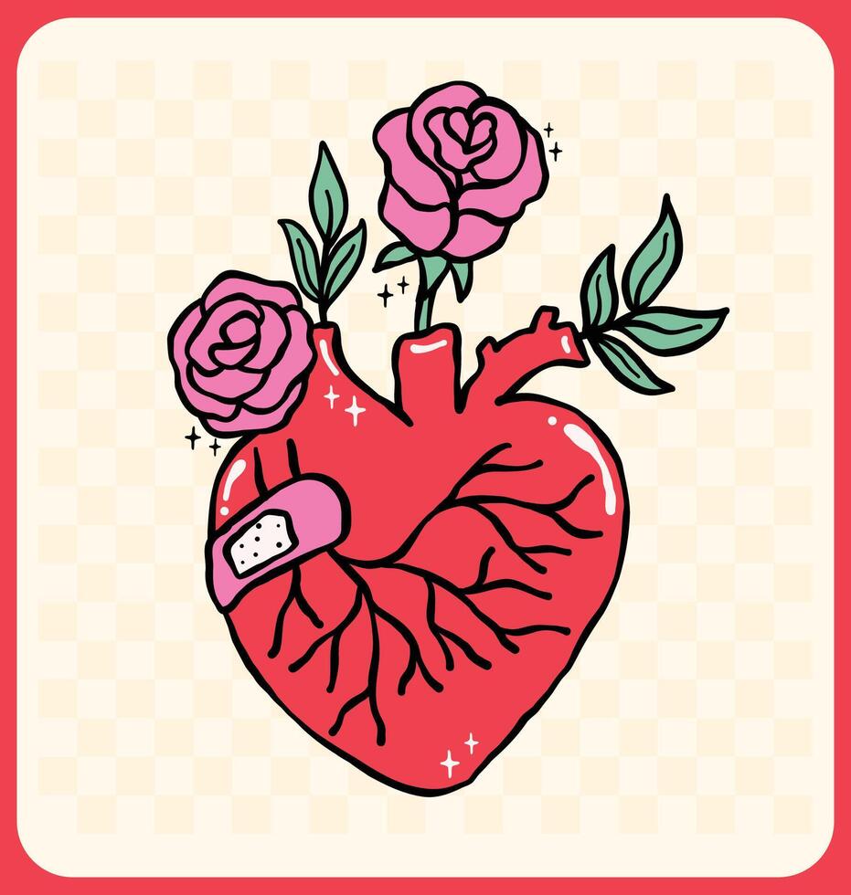 Retro Valentine Heart Organ with rose flower Nostalgic Illustration Wavy Hand Drawn Vibrant and Bold Style vector