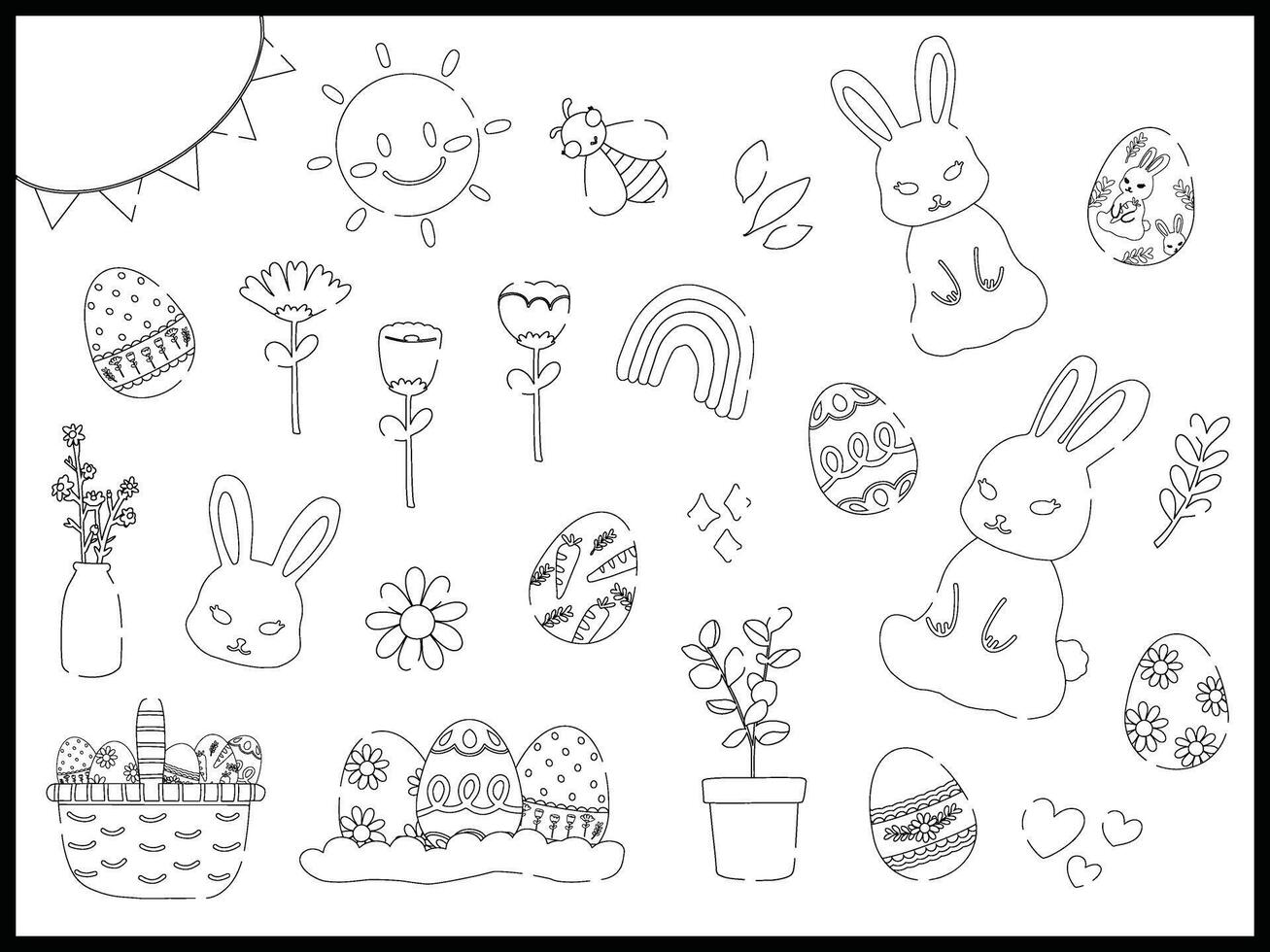 hand drawn illustration set monochrome line of Easter holiday sticker pack design elements. Cute elements doodle collection in flat style. For poster, card, scrapbooking, invitation, graphic vector
