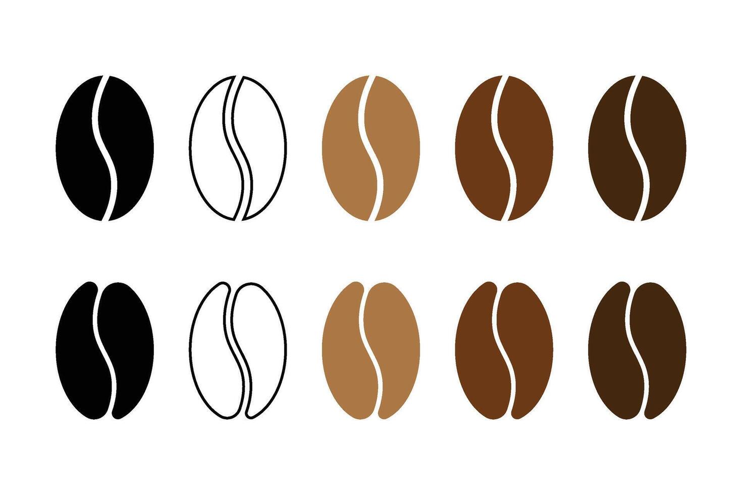 Diverse coffee bean icon set in black and brown tones isolated. vector