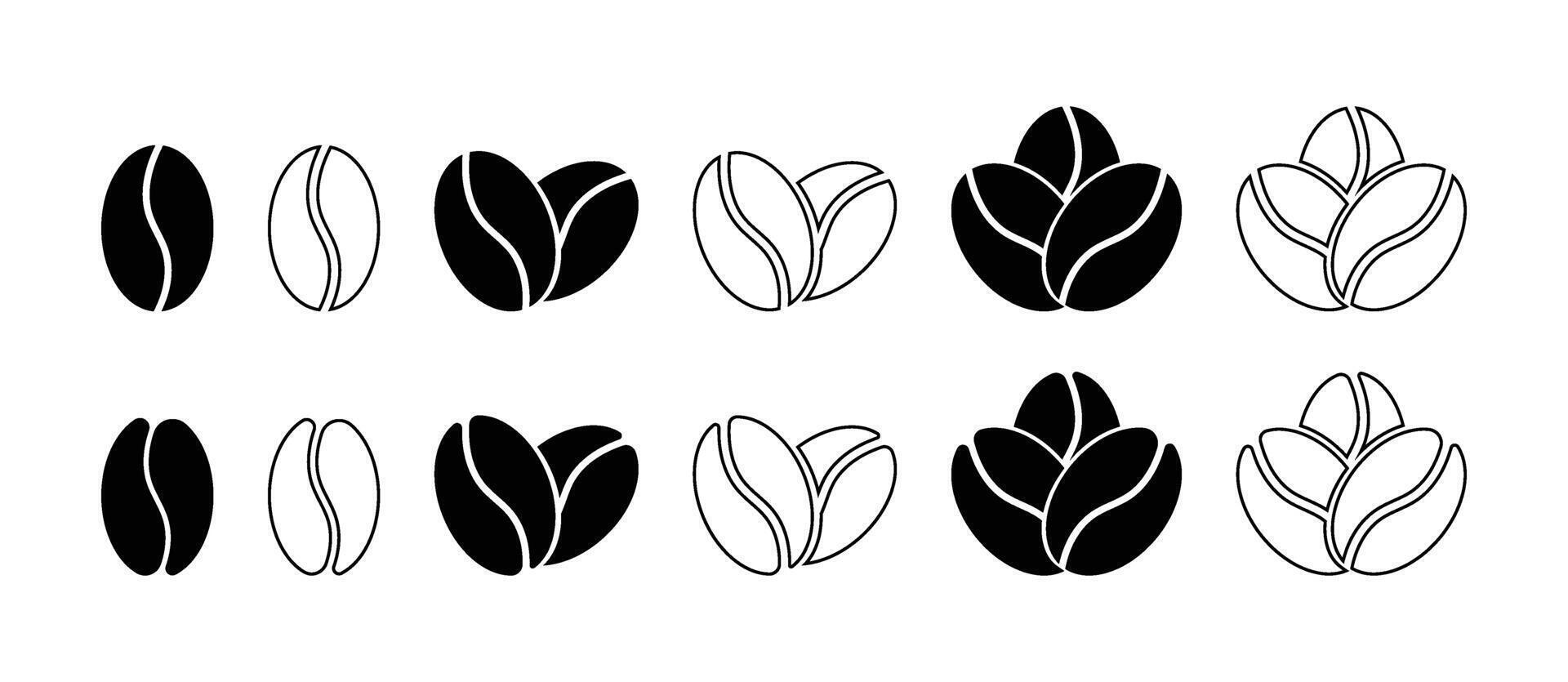 Coffee bean icons set isolated. Black silhouettes and Outlines collection vector