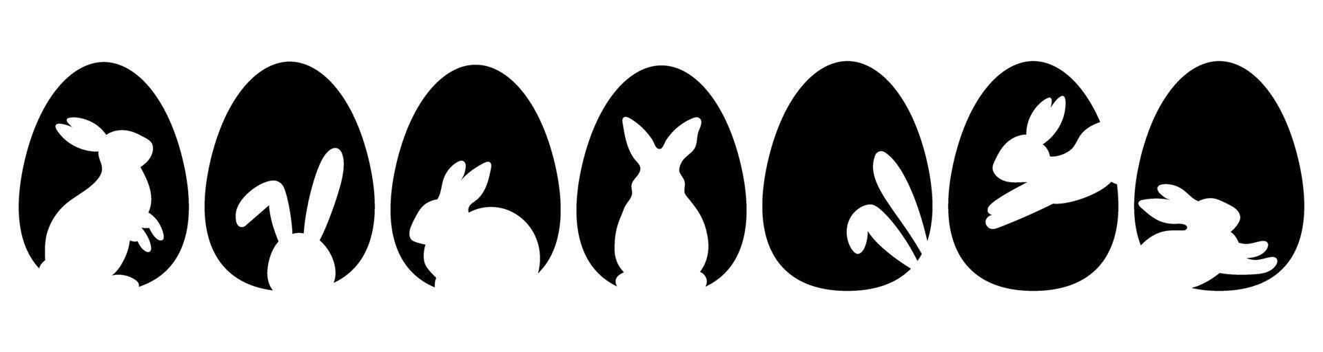 Set with black eggs and bunny silhouettes. Easter egg shape with bunny silhouette - traditional symbol of holiday. Easter rabbit inside egg. vector