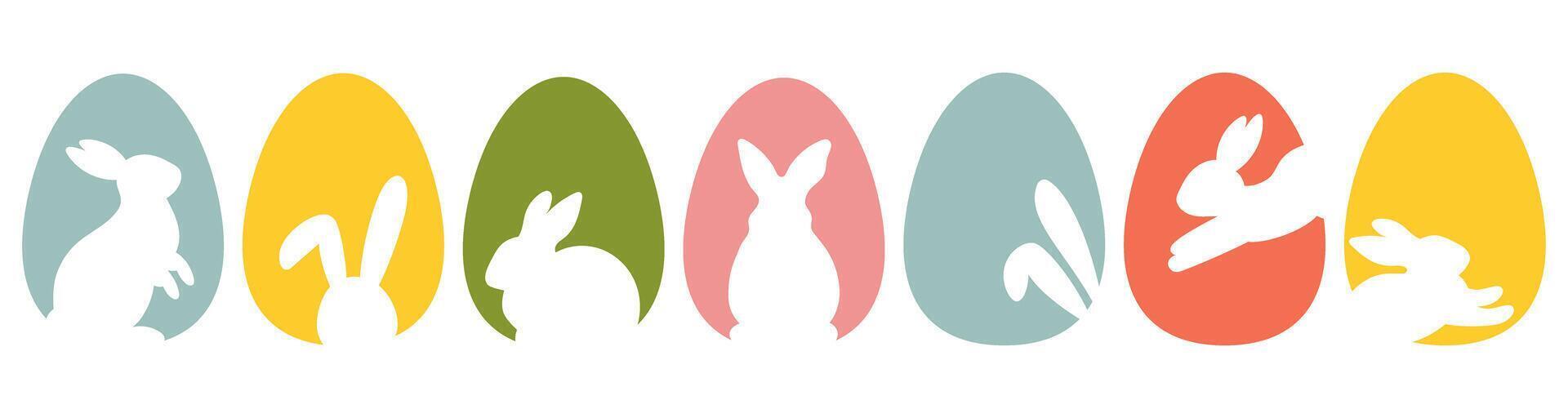 Easter egg shape with bunny silhouette - traditional symbol of holiday. Easter rabbit inside egg. Set with colourful eggs and bunny silhouettes vector