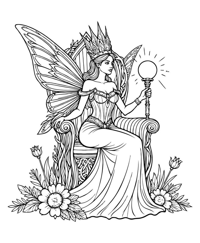 A coloring page Fairy Queen on Flower Throne with Glowing Scepter vector