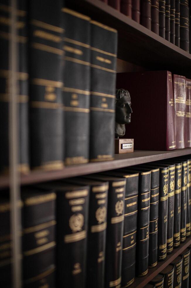 A refined study corner with shelves full of Greek legal books, complemented by a majestic bust of Alexander the Great photo