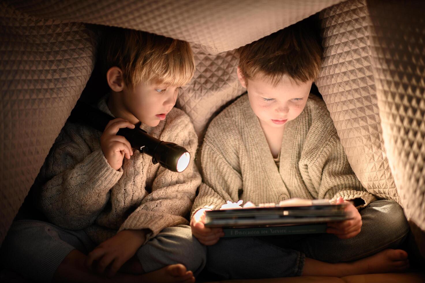 Childhood adventure two boys reading a book under a cozy blanket fort, lit by a flashlight photo