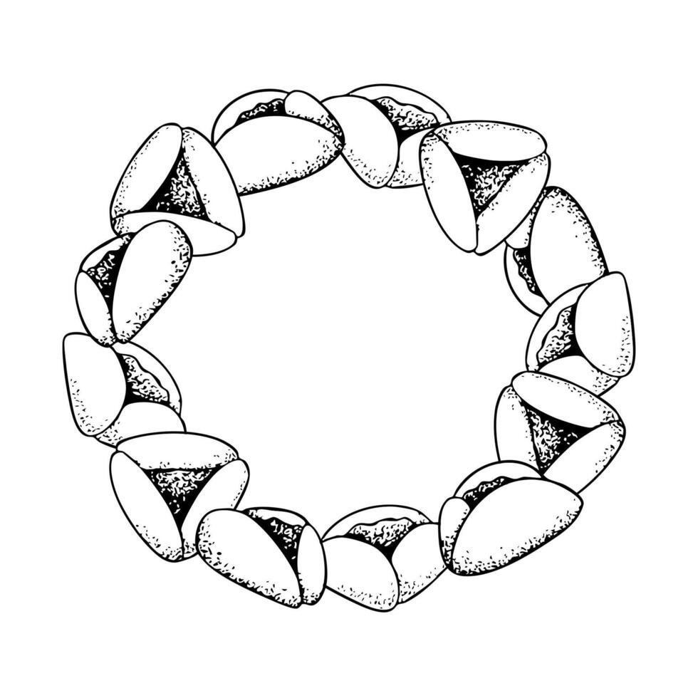 Black and white Purim cookies round frame illustration in line style for coloring and stickers. Traditional Jewish triangle pastry Oznei Haman or Hamantaschen for holiday package designs vector
