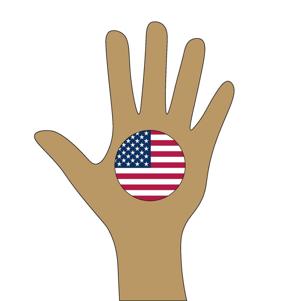 On his arm is a round sticker with the US flag. Vote in the USA. Best for US elections, presidential day, independence day or other American national holidays. illustration. vector