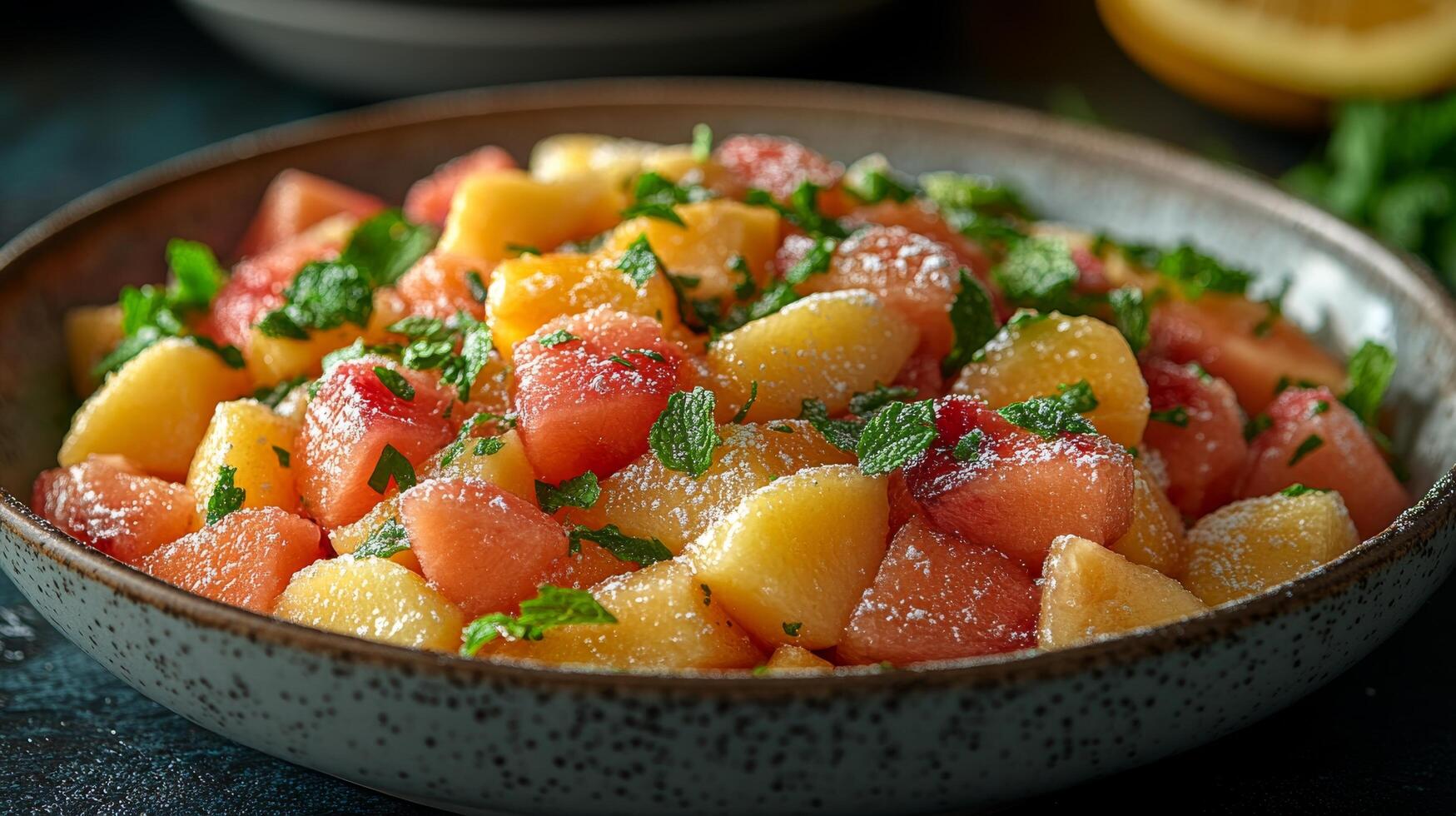 A bowl of fruit salad with lemon and parsley photo