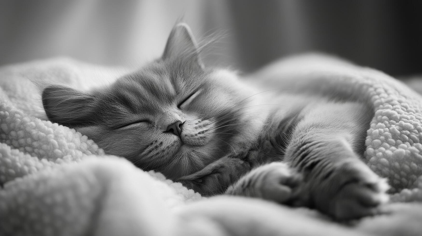 A cat sleeping on a blanket in black and white photo