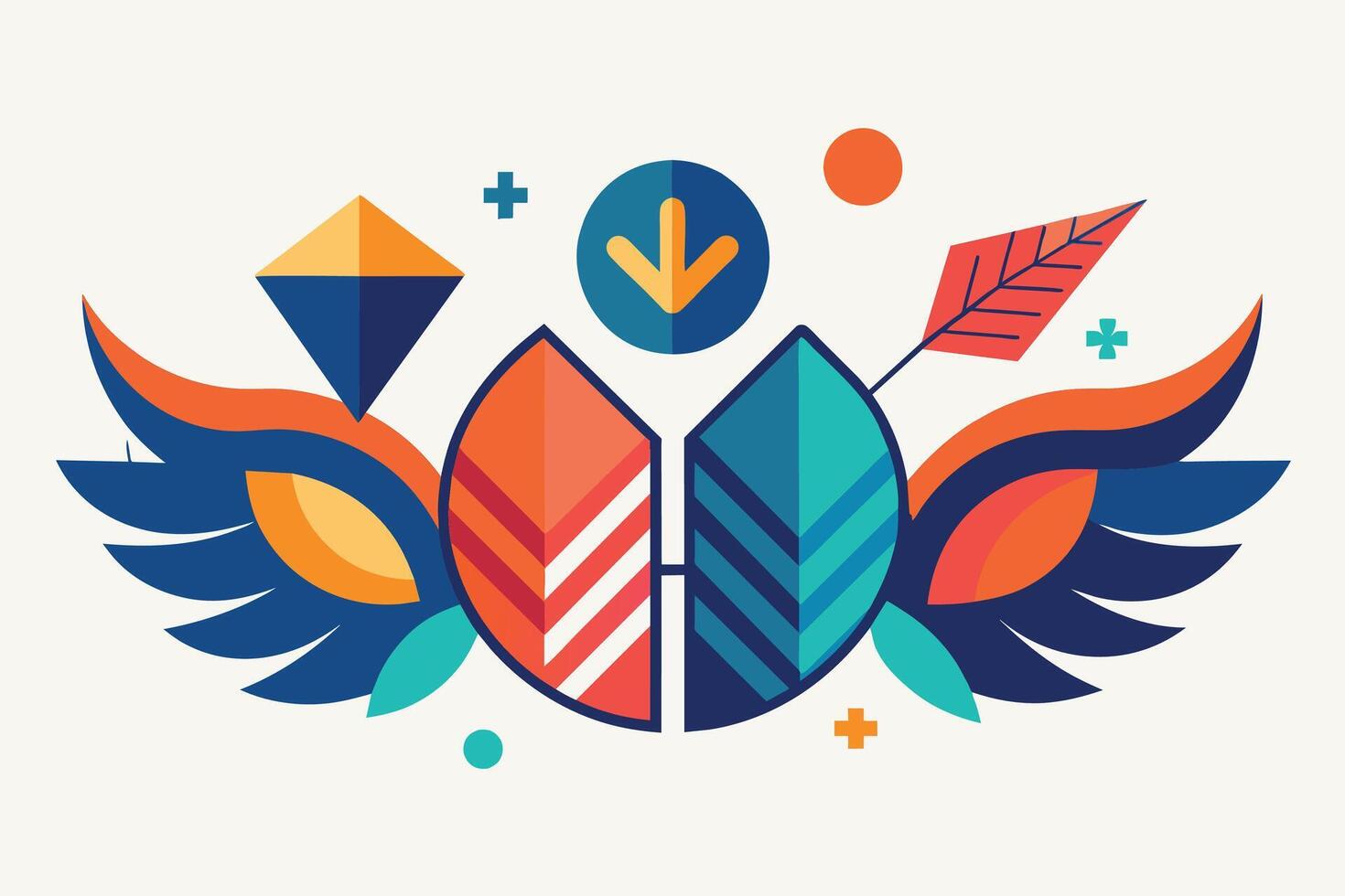 Abstract geometric logo with symmetrical shapes in teal, orange, and yellow, featuring acentral hexagon with astylized tree emblem vector